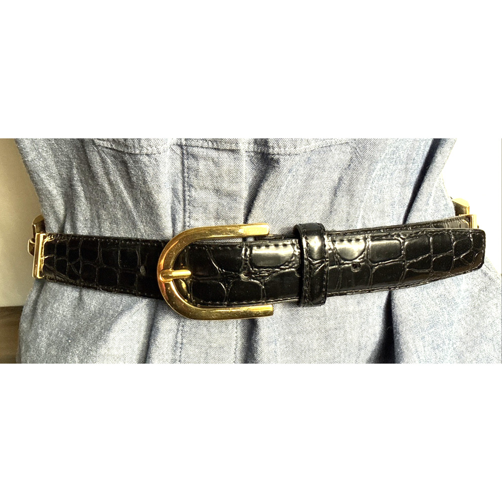 Black Crocodile Belt Embossed Genuine Leather Size M/L Gold Toned Buckle EUC
